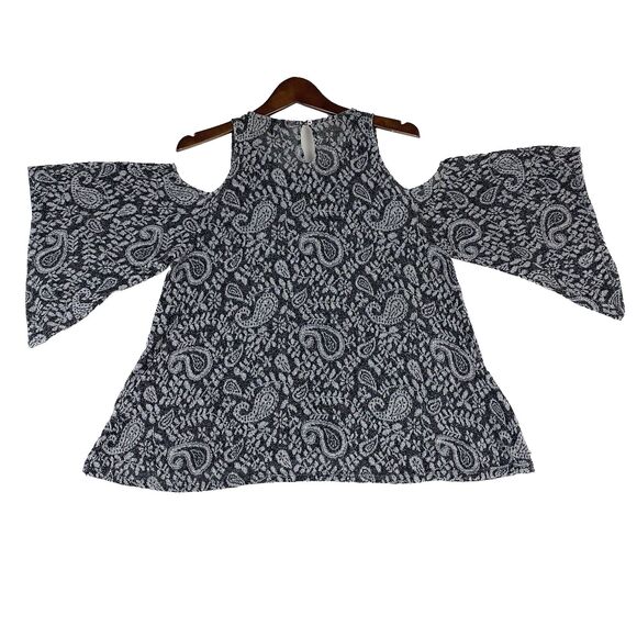 Lucky Brand Womens XL Black Gray Cold Shoulder Paisley Top Boho Flowy Romantic - Picture 1 of 16